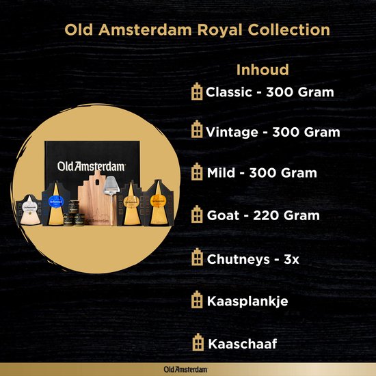 Old Amsterdam Royal Collection: Inhoud. Classic - 300 Gram, Vintage - 300 Gram, Mild - 300 Gram, Goat - 220 Gram, Chutneys - 3x, Kaasplankje, Kaasschaaf.