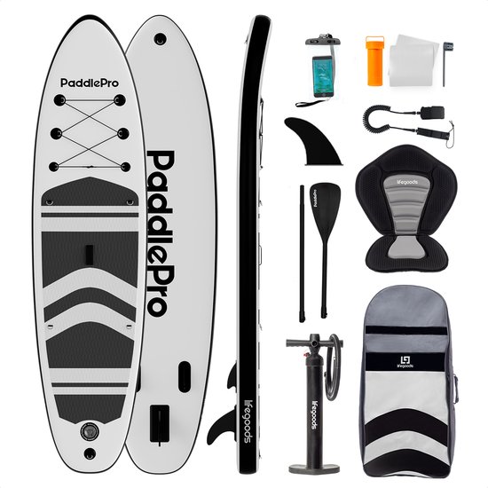 LifeGoods PaddlePro SUP Board - met Zitje - Opblaasbaar Paddle Board - Complete Set - Max. 135KG - 320x81cm - Wit/Zwart
