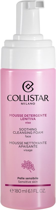 Roze Collistar mousse flacon met witte pompdispenser. Tekst in roze en paars.