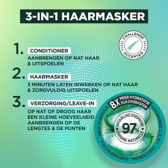 Instructions pour le Masque Capillaire 3-en-1 Garnier Fructis. Après-shampoing, masque et soin sans rinçage. Contient 97% d'origine naturelle et 8x plus d'hydratation.