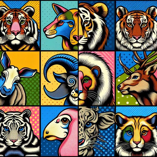 Pop art dieren schilderij | Populaire dieren in een levendige en kleurrijke kunstwereld vereeuwigd | Kunst - 30x30 centimeter op Canvas | Foto op Canvas