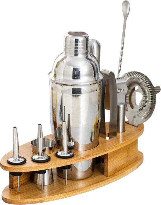 Recalma Cocktail Shaker Set 12-Delig – Cocktailset met RVS Shaker, Maatbeker, Cocktail Strainer, Stamper & Cocktail Boek – Luxe Cocktailset met Bamboe Standaard – Cadeau voor Man & Vrouw