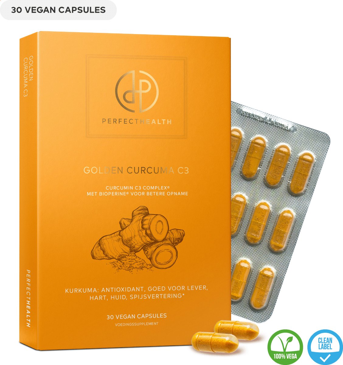 Goedkoopste Perfect Health - Kurkuma Capsules met Zwarte Peper - Goed voor Hart, Bloedvaten, Lever, Gal, Gewrichten en Spijsvertering - 30 stuks - Curcumin C3 Complex