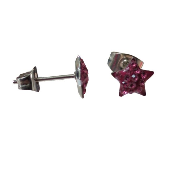 Aramat jewels ® - Ster oorbellen zweerknopjes 7mm donker roze kristal staal zilverkleurig