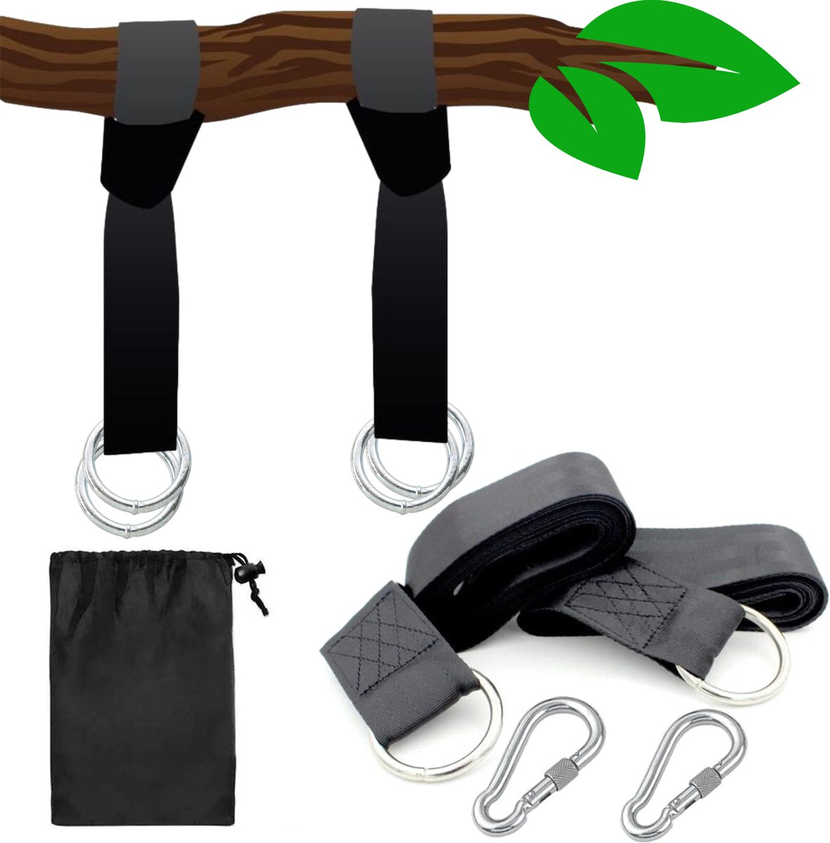 Bol.com HSXL Hangmat Ophangsysteem EXTRA LANG - 2x Nylonband 280cm lang (dubbelgeslagen 140cm) - 2x Karabijnhaak - max. 150kg - ... aanbieding