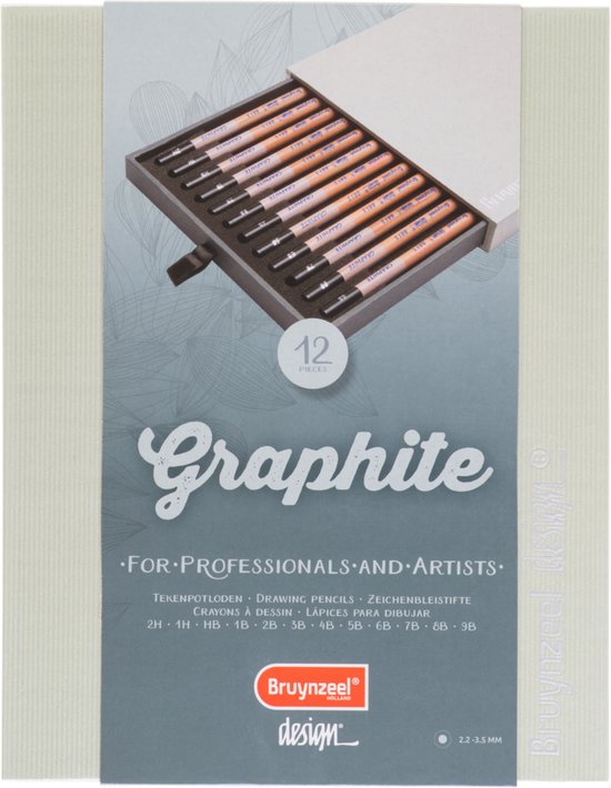 Verpakking van een set van 12 Bruynzeel Design grafietpotloden met tekst 'For Professionals and Artists'.