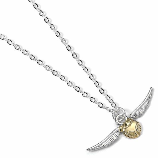 Zilverkleurige ketting met een gouden snitch hanger met vleugels.