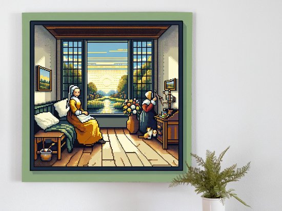 Pixel art vermeer schilderij | Vermeer's meesterwerk heruitgevonden in moderne pixelkunst weergave | Kunst - 50x50 centimeter op Dibond | Foto op Dibond