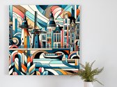 Abstract amsterdam schilderij | Amsterdamse abstracte kunst: een kleurrijk stadsgezicht in moderne vormen | Kunst - 100x100 centimeter op Forex | Foto op Forex