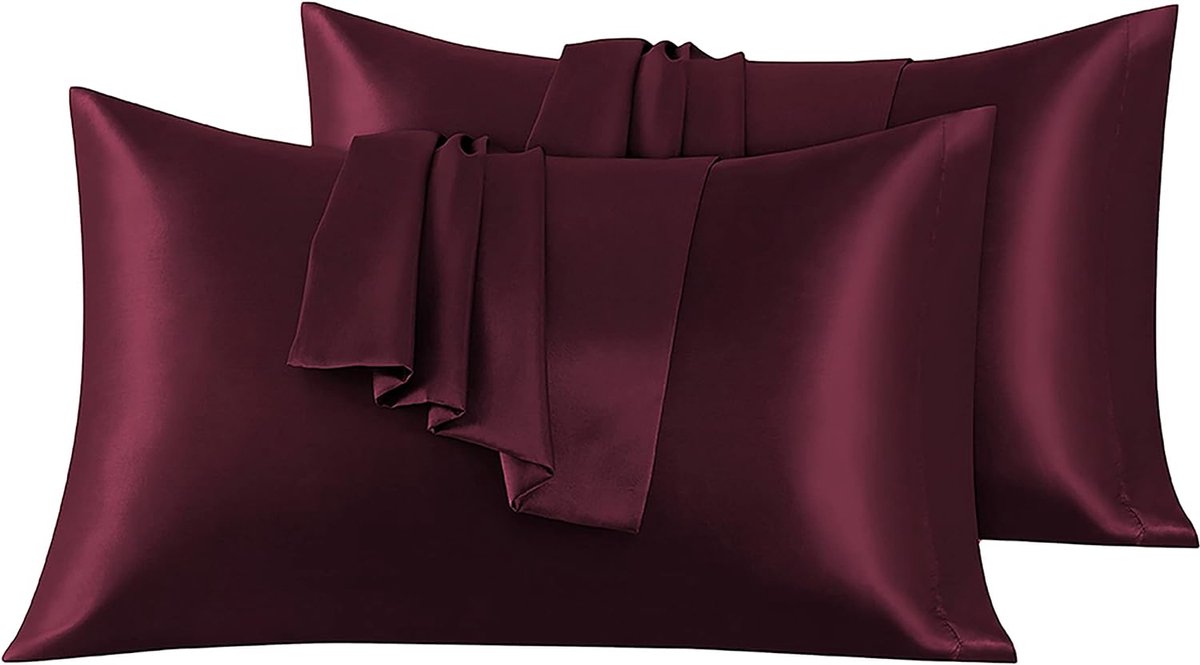 Azalia Set van 2 Satijn kussenslopen 50 x 90 cm , Zacht en Zijdig Bed Kussen Kussen Kussen Bordeaux, Envelop Sluiting, Anti-mijt en Hypoallergeen, Haar en Huid Bescherming tegen rimpels