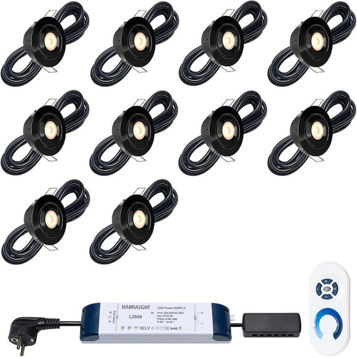 Hamulight Inbouwspot Toledo kantelbaar zwart incl. bediening Complete set van 6