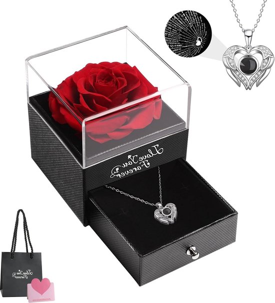 Eternal Real Red Rose Heart Necklace with I Love You in 100 Languages Romantic Gifts for Women - Christmas Valentines Mothers Day Birthday Anniversary