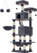 Rootz Krabpaal met meerdere verdiepingen - Krabpaal - Kattenappartement - Hoogwaardige materialen - Gezellig pluche - 2 grotten - Mand - Hangmat - Beschermt meubels - Spaanplaat - Sisal - Rookgrijs - 55 cm x 45 cm x 168 cm