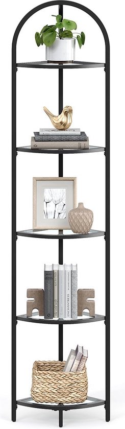 Rootz Klassieke zwarte hoekplank - Stalen glazen displaystandaard - Rekken van gehard glas - Ruimtebesparend - Eenvoudige montage - Modern design - 28 cm x 28 cm x 158 cm