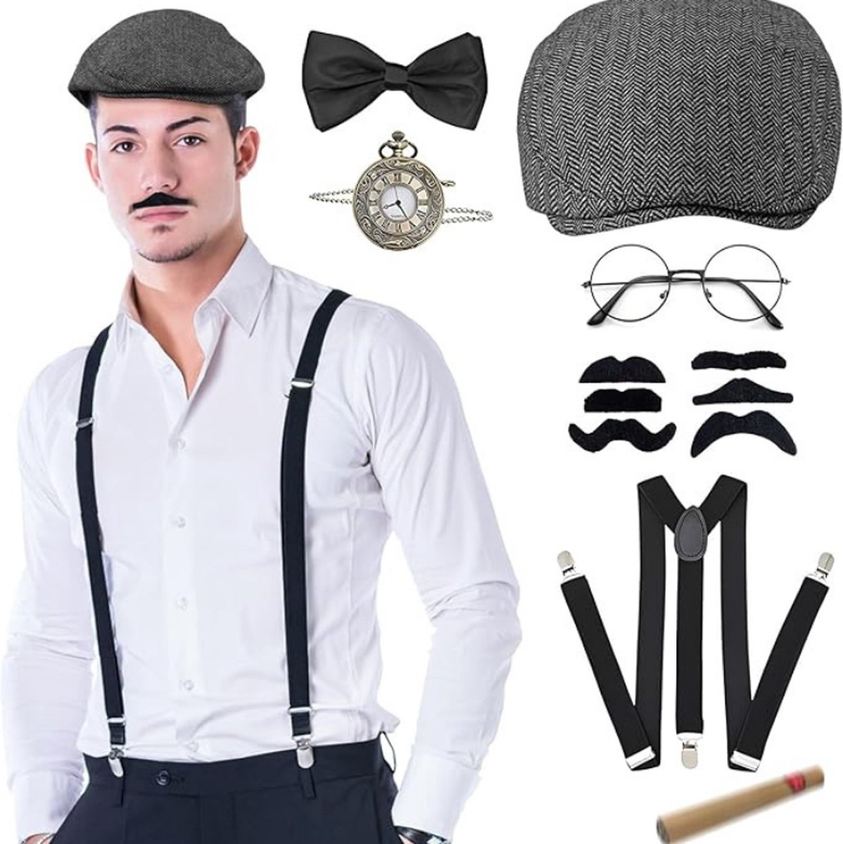 Jaren 20 herenaccessoires, Peaky Blinders kostuum, jaren 20 maffia-kostuum met vest, cilinder, opvouwbare kruk, bretels, stropdas, vlinderdas, snoor, jaren 20 herenoutfits voor carnaval, themafeest