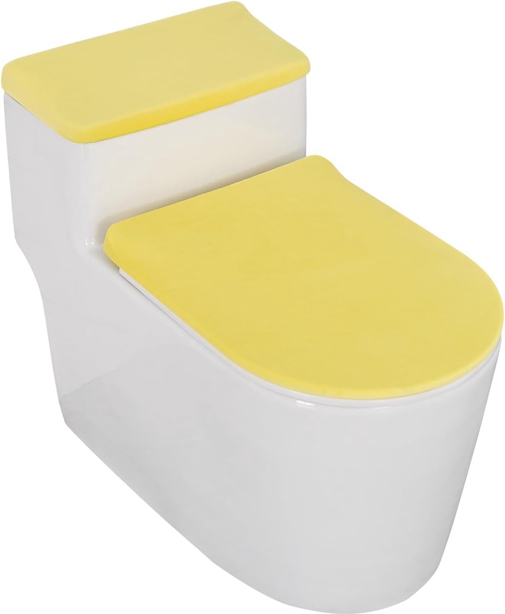 Goedkoopste Wc-brilhoes, wc-brilovertrek, pads warmer, fluweel, toiletdeksel, tankbeschermer, cover, set van 2 met elastische bodem, toiletbrilkussen en wc-tankdeksel- geel