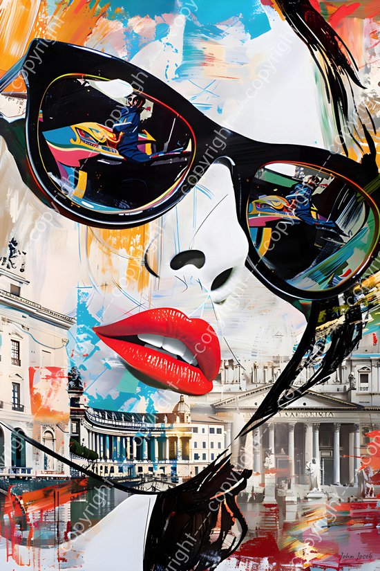 JJ-Art (Glas) 90x60 | Vrouw in Rome, gezicht, popart, abstract, Italie, kleurrijk, kunst | mens. wit, blauw, rood, zwart, modern | Foto-schilderij-glasschilderij-acrylglas-acrylaat-wanddecoratie