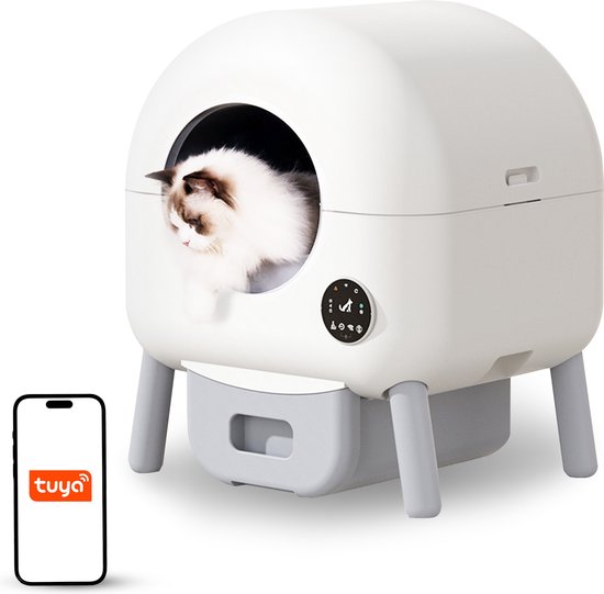 Animali Automatische Kattenbak - Zelfreinigende Kattenbak - Elektrische Kattenbak - Voerautomaat - Inclusief App - 76L - Inclusief Opvangzakjes