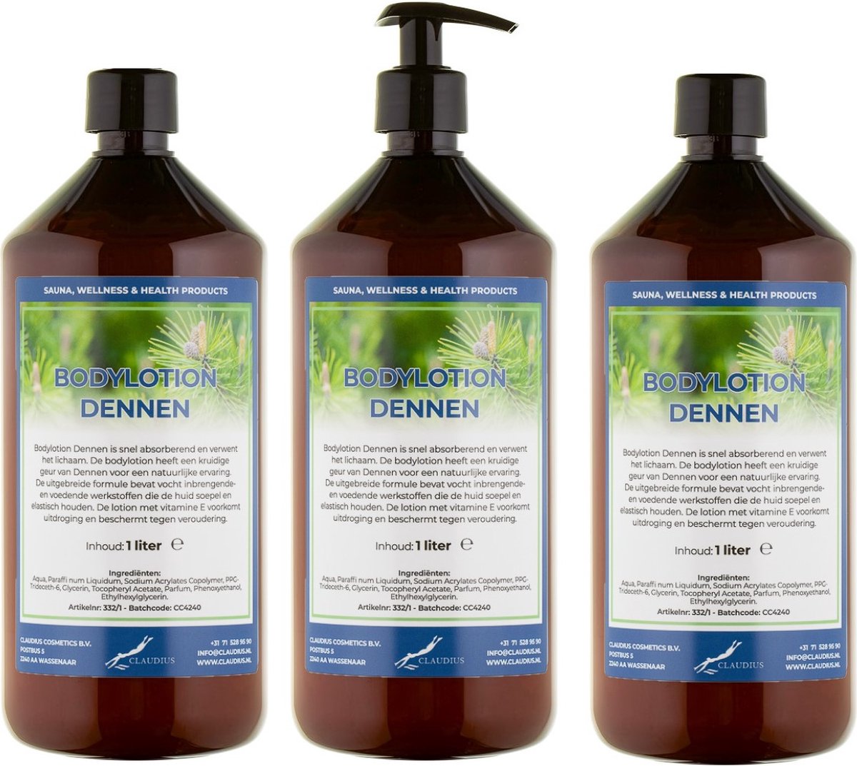 Bodylotion Dennen 1 Liter - met gratis pomp - set van 3 stuks