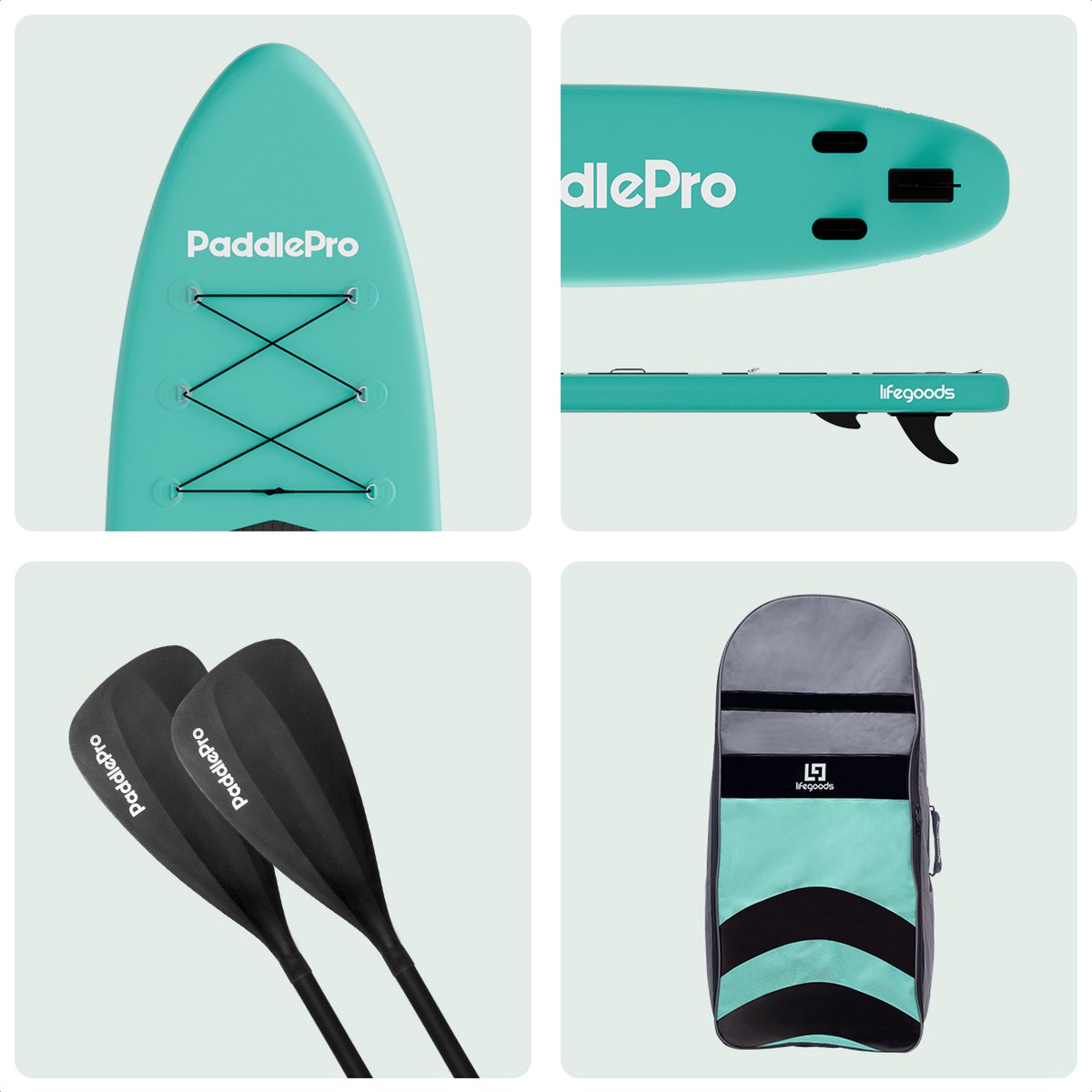 LifeGoods PaddlePro SUP Board - met Zitje - Opblaasbaar Paddle Board - Complete Set - Max. 150KG - 320x81cm - Mintgroen/Zwart – foto 8