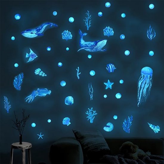Lichtgevende stickers in het zeeleven, lichtgevende muurstickers in de onderwaterwereld, fluorescerende stickers, decoratie voor baby's, kinderkamer, meisjes, jongens, plafonddecoratie
