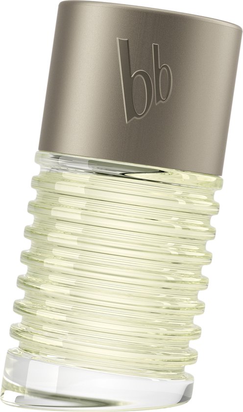 Fles met gegolfd glas en een matte dop met 'bb'-logo. Lichte, gele vloeistof.