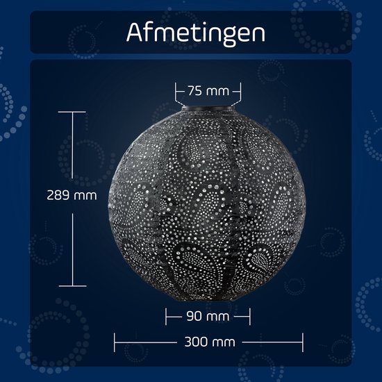 Afmetingen van de donkergrijze, ronde solar lampion: 289 mm hoog, 300 mm breed.