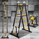 Telescopische Vouwladder Telescopische Ladders Werkhoogte 1,9+1,9 m - Geelachtig zwart met stabilisator + wielen