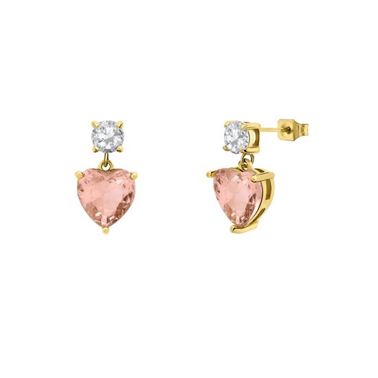 Lucardi Femme Acier plaqué or clou d'oreille vintage coeur rose/blanc - Boucles d'oreilles - Acier - Doré