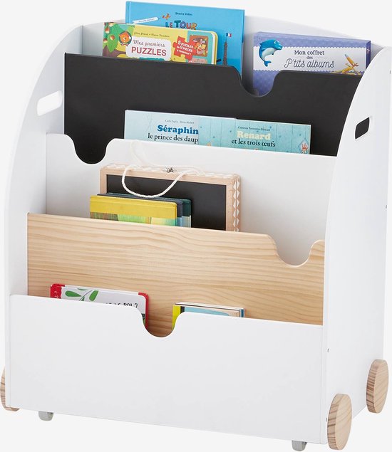 Houten Kinderboekenrek op wieltjes - W65.4×H72.5×D30cm - Boekenkast voor kinderen - Bookcase -Boekenplank - Kinderkamerkast - Speelgoedrek - Opbergrek - Organizer - Speelgoedkast - Boekenrek