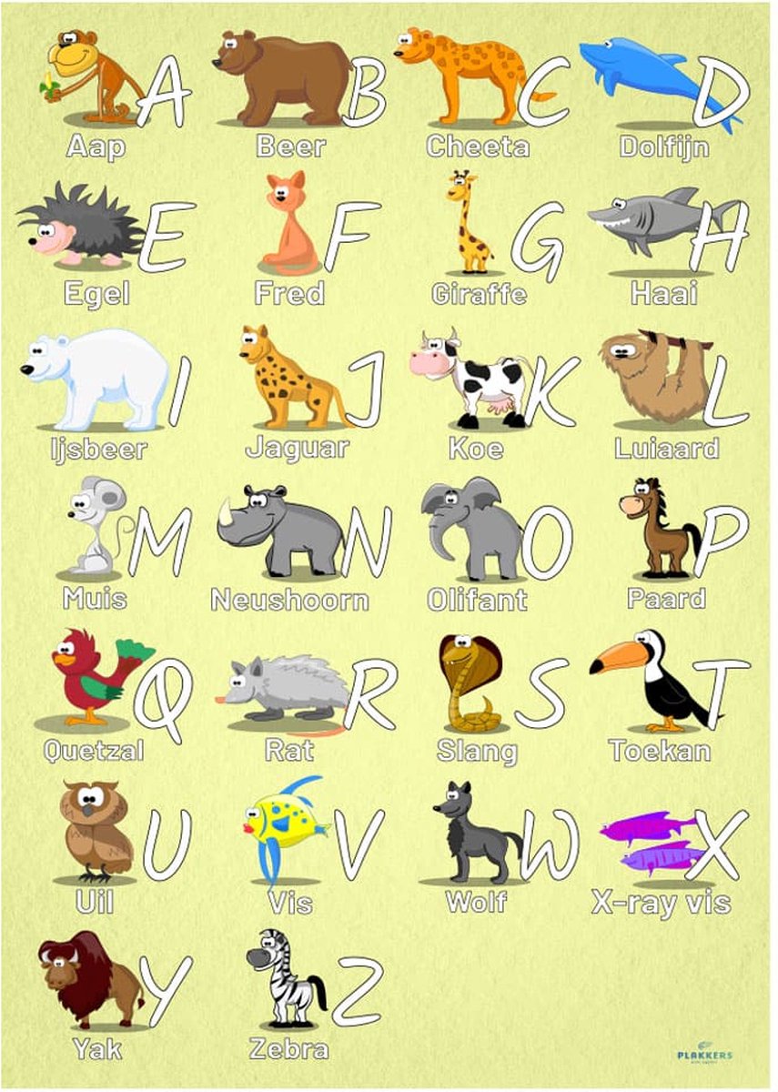 Poster alfabet ABC met dieren voor kinderkamer 70cm x 100cm - Kinderkamer accessoires decoratie - Educatieve Posters Leerzaam