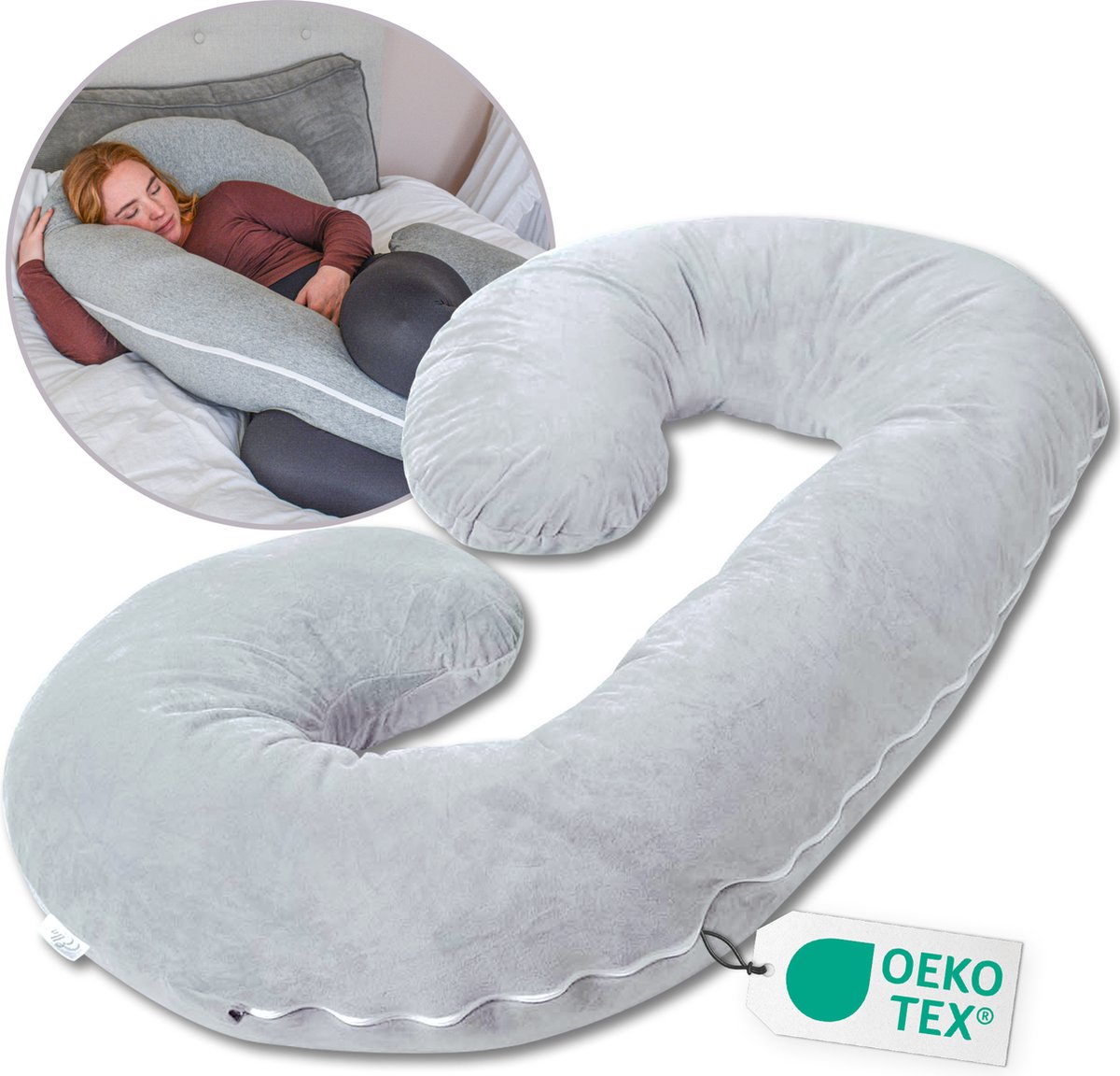 Goedkoopste Ella Zwangerschapskussen XXL C-vorm - Zijslaapkussen - Lichaamskussen - Voedingskussen - Body Pillow - 150x70cm - Afneembare Jersey Katoenen Hoes, Lichtgrijs