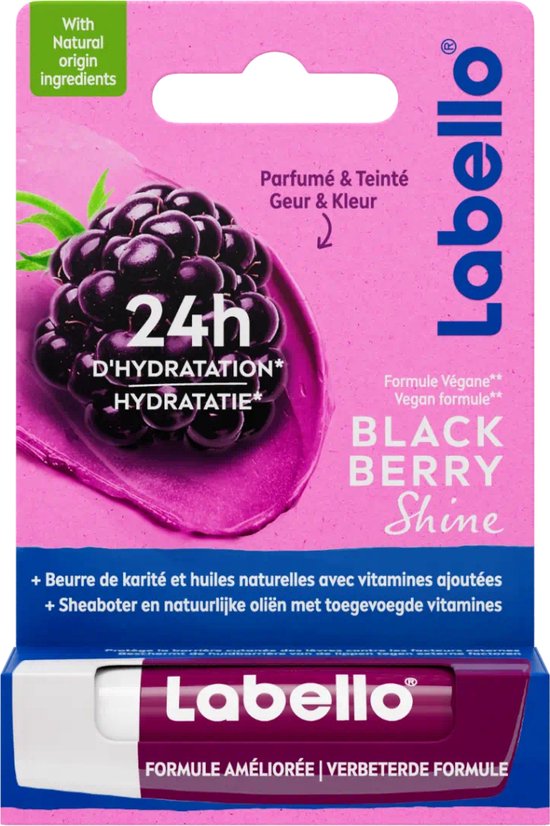 Labello BlackBerry Shine lippenbalsem verpakking met zwarte bes en "24h HYDRATATIE" tekst.