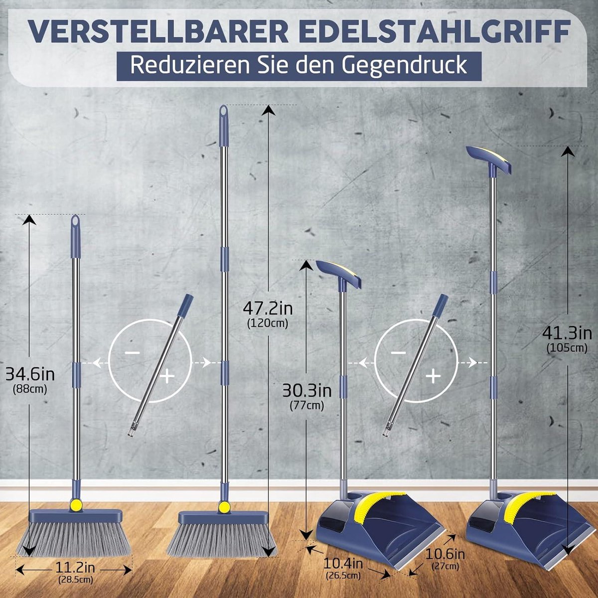 3-delige stangenvegerstel met 118 cm lange steel Bezem en veegschep set