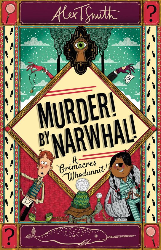 Boekomslag 'Murder! By Narwhal!' met de titel in gele letters, twee verbaasde kinderen, een narwal en een schildpad.