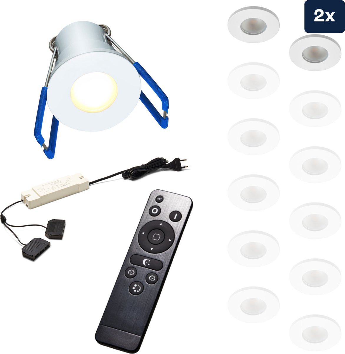 Ledisons Varese Set met 2 witte LED inbouwspots en afstandsbediening dimbaar 3 jaar garantie 2700K (extra warm-wit) 200 Lumen 3W IP65