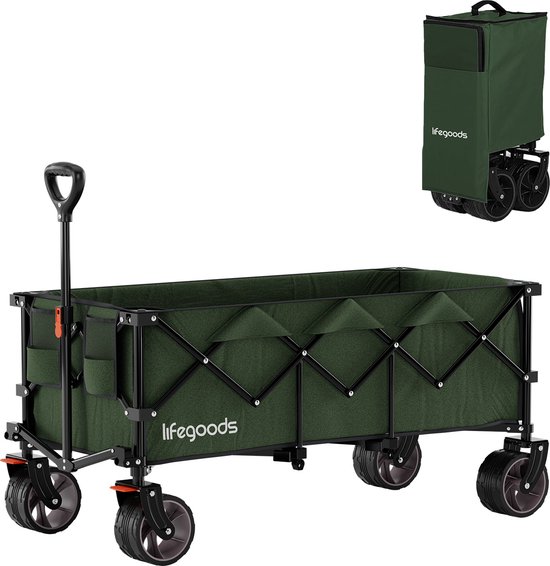 Chariot de transport pliable vert foncé à quatre roues, avec une barre de poussée et des poches de rangement pratiques sur le côté.
