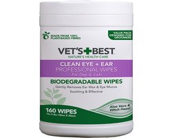 Vet's best oor een oog reinigersdoekjes voor honden uit 100% natuurlijke en biodegradable planten . Grote verpakking met grote doekjes 160 st van 18 x 20 cm aloe vera en witch hazel .