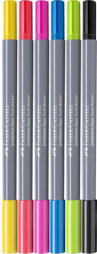Six marqueurs doubles Faber-Castell en jaune, rouge, rose, bleu, vert et noir, avec le capuchon en bas.