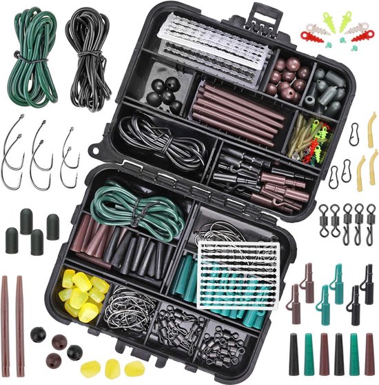 Viskoffer gevuld met 282 Stuks Karpervisgerei - Vishaak haken - Veiligheidsclips - Corn kernel slangetjes - Rolling swivels - Visaasschroef - Fishisng beads - Boilie stops Viskoffer gevuld