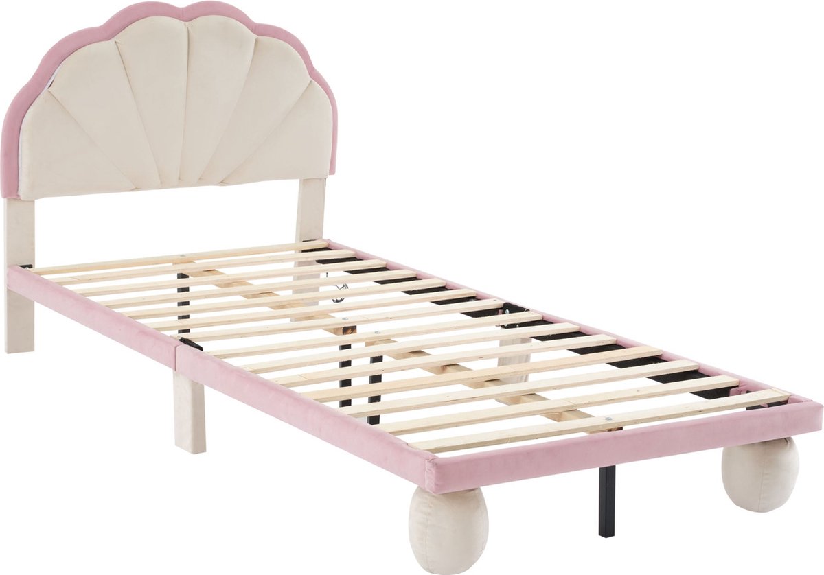 Merax Gestoffeerd Bed 90x200 cm met LED Verlichting en Wellenschliff Hoofdbord - Beige en Roze Kleurencombinatie - Kinderbed met Houten Lattenbodem