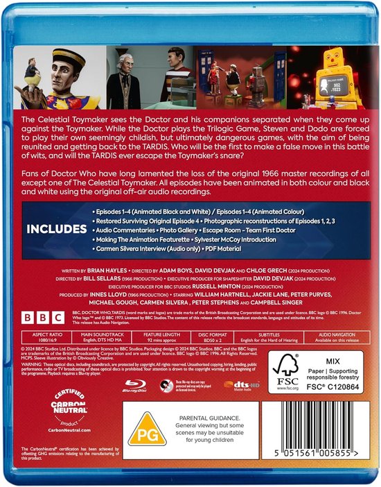 Achterkant van de Doctor Who: The Celestial Toymaker Blu-ray met afleveringsinformatie en details.
