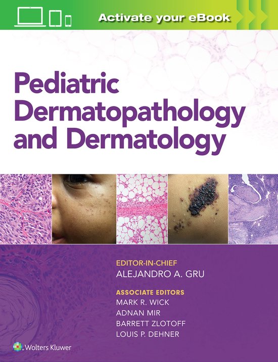 Boekomslag van Pediatric Dermatopathology and Dermatology met tekst en vier huidafbeeldingen.