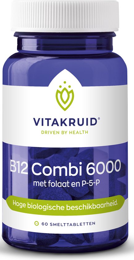 Donkerblauwe pot met witte dop, etiket met logo 'Vitakruid', 'B12 Combi 6000', 'met folaat en P-5-P'. Groene band met 'Hoge biologische beschikbaarheid'. 60 smelttabletten.