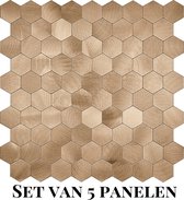 Wallways Wandpanelen - Plaktegels - Set van 5 Tegels - Tegelsticker - Zelfklevende Tegels - 4MM dik - Aluminium toplaag - Waterdicht - Krasbestendig - Hittebestendig - 3M Kleeflaag - Hexagon Bronze
