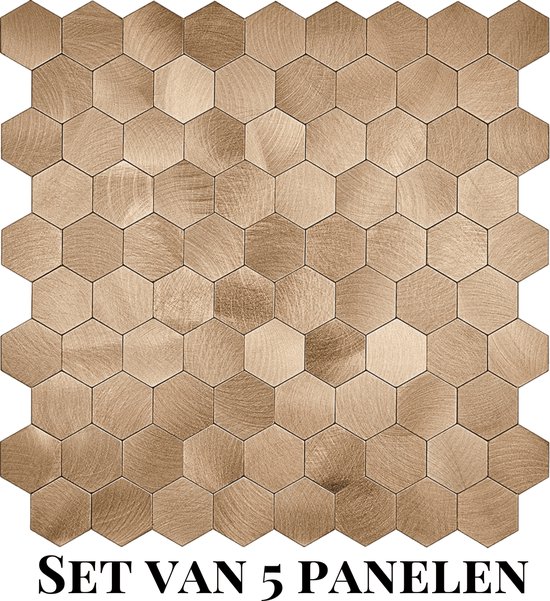 Vijf zelfklevende hexagon tegels met bronzen aluminium toplaag.