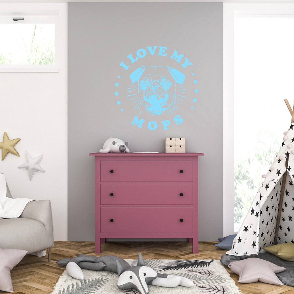 MC Living Muursticker - I Love My Mops - 46,4 x 46,4 - Licht Blauw