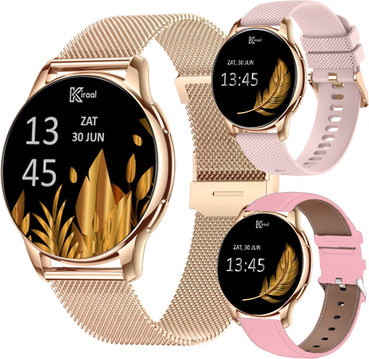 Kiraal Valencia AMOLED Smartwatch voor Dames - RVS Lederen en Siliconen Bandje - Hartslagmeter - Stappenteller - Slaapmonitor - Multisport - Compatibel met Android en iOS - Rosé Goud en Roze