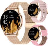 Kiraal Valencia AMOLED Smartwatch voor Dames - RVS, Lederen en Siliconen Bandje - Hartslagmeter - Stappenteller - Slaapmonitor - Multisport - Compatibel met Android en iOS - Rosé Goud en Roze