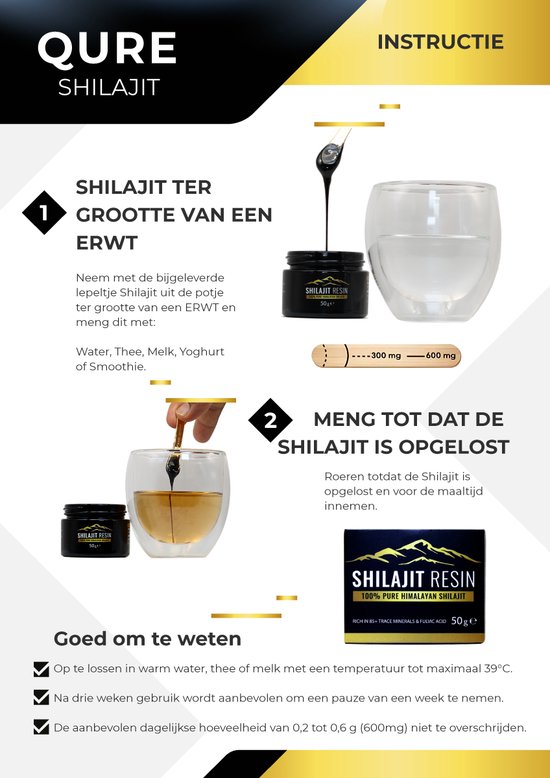Instructieblad voor Qure Shilajit. Toont hoe te mengen: beetje hars met water, lepel in pot met hars, pot met opgeloste hars.